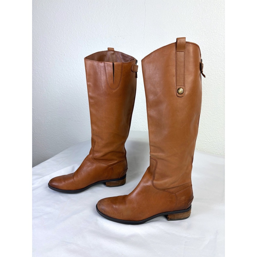Sam Edelman Penny Cognac Brown Knee High Leather Riding Boots Size 8 Full Zip